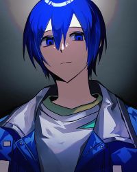 Rule 34 | 1boy, blouse, blue eyes, blue hair, empty eyes, expressionless, highres, jacket, kaito (vocaloid), male focus, project sekai, shirt, short hair, solo, solo a, vivid bad squad (project sekai), vivid bad squad kaito, vocaloid, white shirt