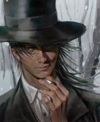 Rule 34 | 1boy, azik eggers, bare tree, black hair, black hat, brown eyes, cigarette, dark skin, fingernails, hat, highres, holding, holding cigarette, looking at viewer, lord of the mysteries, medium hair, nandu037, outdoors, shaded face, shirt, snow, snowing, solo, top hat, tree, white shirt, wind