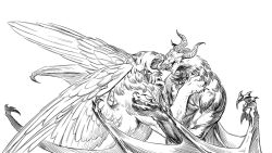 Rule 34 | battle, demon, demon boy, demon wings, duel, dungeon meshi, extra eyes, feathered wings, fingernails, from side, goat (dungeon meshi), goat horns, greyscale, horns, male focus, monochrome, monster, multiple horns, open mouth, qu4ntums0d4, sharp fingernails, sharp teeth, simple background, teeth, tongue, tongue out, upper body, winged lion (dungeon meshi), wings