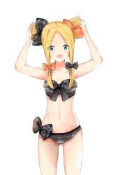 Rule 34 | 1girl, :d, abigail williams (fate), arms up, bare arms, bare shoulders, bikini, black bow, blonde hair, blue eyes, blush, bow, breasts, collarbone, commentary request, cowboy shot, double bun, fate/grand order, fate (series), forehead, gluteal fold, grey bikini, hair bow, hair bun, head tilt, looking at viewer, navel, open mouth, orange bow, parted bangs, plaid, plaid bikini, polka dot, polka dot bow, side bun, simple background, small breasts, smile, solo, standing, swimsuit, white background, yukaa