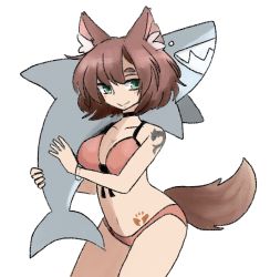Rule 34 | 1girl, :&gt;, animal ear fluff, animal ears, bare shoulders, bikini, black choker, blush, breasts, brown hair, choker, closed mouth, commentary, cowboy shot, english commentary, fox ears, fox tail, green eyes, halterneck, highres, holding, large breasts, latenight, looking at viewer, no nose, orange bikini, original, shark, short hair, shoulder tattoo, smile, solo, swimsuit, tail, tattoo, transparent background, wristband