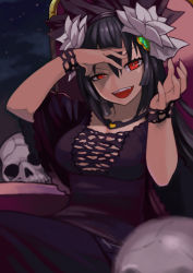 Rule 34 | 1girl, absurdres, black dress, black hair, black hairband, breasts, center opening, dress, evil smile, fangs, hair between eyes, hair ornament, hairband, hand on own head, heart, heart hair ornament, highres, large breasts, lolita hairband, long hair, looking at viewer, miracle tou, open mouth, rance (series), rinx, sitting, skull, smile, solo, throne