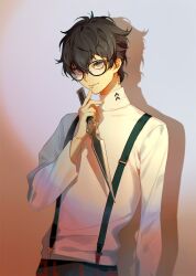 Rule 34 | 1boy, amamiya ren, black eyes, black hair, closed mouth, eyokiki, finger to face, finger to own chin, glasses, hair between eyes, holding, holding knife, holding weapon, knife, long sleeves, looking at viewer, male focus, persona, persona 5, shadow, short hair, smile, suspenders, weapon
