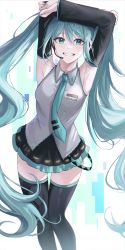 Rule 34 | 1girl, absurdres, aqua eyes, aqua hair, aqua nails, aqua necktie, armpits, arms up, bare shoulders, black skirt, black sleeves, black thighhighs, commentary, cowboy shot, crossed arms, cyberspace, detached sleeves, ffflilil, grey shirt, grin, hair ornament, hatsune miku, headphones, headset, highres, long hair, looking at viewer, miniskirt, nail polish, necktie, pleated skirt, shirt, skirt, sleeveless, sleeveless shirt, smile, solo, standing, thighhighs, twintails, very long hair, vocaloid, white background, zettai ryouiki