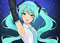 Rule 34 | 1girl, aqua eyes, aqua hair, aqua necktie, armpits, bare shoulders, black sleeves, blue background, collared shirt, detached sleeves, grey shirt, hair ornament, hatsune miku, headset, highres, kirisame (101642412), long hair, looking at viewer, necktie, open mouth, shirt, sleeveless, smile, solo, star (symbol), starry background, twintails, vocaloid