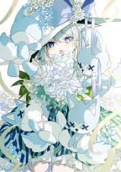 Rule 34 | 1girl, :o, absurdres, animal ears, blue eyes, bouquet, fang, flower, hat, hat flower, highres, holding, holding bouquet, indie virtual youtuber, inuzuki ren, sa jitsu, solo, stuffed animal, stuffed toy, virtual youtuber, white flower, white hair, x x