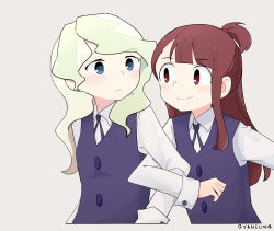 Rule 34 | 2girls, blue eyes, blush, brown hair, collared shirt, confused, couple, diana cavendish, eye contact, gyaheung, happy, highres, kagari atsuko, little witch academia, locked arms, long hair, looking at another, luna nova school uniform, multicolored hair, multiple girls, neck ribbon, red eyes, ribbon, school uniform, shirt, simple background, smile, two-tone hair, uniform, wavy hair, white background, white shirt, yuri