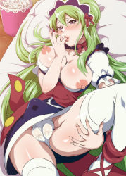 Rule 34 | 1girl, bed, blush, breasts, breasts out, bulge, choker, erection, erection under clothes, futanari, green hair, headdress, ixion saga, large breasts, long hair, looking at viewer, mariandale, newhalf, nipples, panties, penis, pillow, purple eyes, solo, testicles, thighhighs, tokimachi eisei, underwear, white panties, white thighhighs
