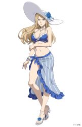 Rule 34 | 1girl, bikini, black clover, black clover m: rise of the wizard king, blonde hair, blue bikini, blue eyes, blue flower, blue nails, blue rose, blue sarong, bracelet, charlotte roselei, criss-cross halter, flower, full body, halterneck, hat, hat flower, high heel sandals, highres, jewelry, long hair, looking at viewer, nail polish, navel, necklace, official alternate costume, pearl necklace, rose, sandals, sarong, simple background, solo, sun hat, swimsuit, toenail polish, toenails, transparent background, white footwear, white hat