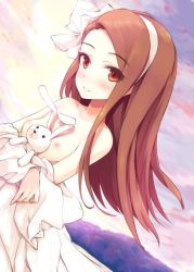Rule 34 | 1girl, asterisk (asterism), breasts, brown eyes, brown hair, rabbit, clothes lift, doll, dress, dress lift, hairband, idolmaster, idolmaster (classic), long hair, minase iori, nipples, no bra, open clothes, open dress, small breasts, white hairband