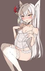 Rule 34 | 1girl, alternate costume, amatsukaze (kancolle), breasts, brown eyes, chigasaki yukari, collarbone, corset, feet out of frame, flower, garter straps, grey background, hair flower, hair ornament, highres, kantai collection, lingerie, long hair, looking at viewer, silver hair, simple background, sitting, small breasts, solo, thighhighs, two side up, underwear, white thighhighs