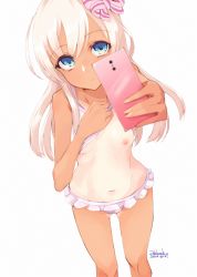 Rule 34 | 1girl, alakoala, bikini, bikini skirt, bikini top lift, blue eyes, blush, breasts, cellphone, clothes lift, commentary request, hair ribbon, highres, holding, holding phone, kantai collection, lifted by self, long hair, looking at viewer, navel, nipples, one-piece tan, one breast out, outstretched arm, phone, reaching, reaching towards viewer, ribbon, ro-500 (kancolle), selfie, simple background, small breasts, smartphone, solo, swimsuit, taking picture, tan, tanline, white background, white hair