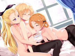 Rule 34 | 3girls, ^ ^, aoi (buzhuen444), assam (girls und panzer), bed sheet, black bow, black pantyhose, black ribbon, blush, bow, braid, breast sucking, breasts, closed eyes, closed mouth, collarbone, cup, darjeeling (girls und panzer), forehead, frown, girls und panzer, hair bow, hair ribbon, hair rings, holding, holding cup, implied fingering, indoors, large areolae, large breasts, lying, multiple girls, navel, nipples, nose blush, nude, on bed, on side, orange pekoe (girls und panzer), pantyhose, parted bangs, pillow, ponytail, purple eyes, ribbon, short hair, small breasts, swept bangs, tea, teacup, thighband pantyhose, thighs, topless, wince, window, yuri