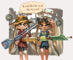Rule 34 | 2girls, :&lt;, adjusting goggles, bad id, bad twitter id, bike shorts, blonde hair, blue eyes, blue shirt, chromatic aberration, commentary request, fangs, goggles, goggles on head, hat, holding, inkling, inkling girl, inkling player character, long hair, long sleeves, looking away, looking to the side, multiple girls, nintendo, nootaragibe, orange eyes, orange hair, plaid, plaid shirt, pointy ears, red shirt, shirt, short sleeves, speech bubble, splat charger (splatoon), splatoon (series), splatoon 1, spoken squiggle, squiggle, super soaker, t-shirt, thought bubble, translation request