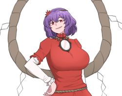 Rule 34 | 1girl, autumn leaves, breasts, hair ornament, hand on own hip, highres, layered sleeves, leaf hair ornament, long sleeves, mata (matasoup), mirror, open mouth, purple hair, red eyes, red shirt, rope, shide, shimenawa, shirt, short hair, short over long sleeves, short sleeves, simple background, smile, solo, touhou, white background, white shirt, yasaka kanako