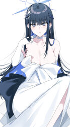 Rule 34 | 1girl, bare shoulders, black hair, blue archive, blue eyes, blue hair, blue halo, breasts, choker, cleavage, collarbone, colored inner hair, commentary request, dress, earrings, elbow gloves, gloves, halo, highres, jewelry, kinona, large breasts, looking at viewer, multicolored hair, official alternate costume, saori (blue archive), saori (dress) (blue archive), simple background, solo, two-tone hair, white background, white choker, white dress, white gloves