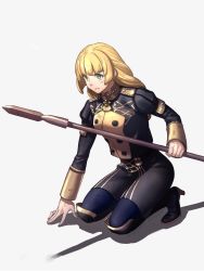 Rule 34 | 1girl, black footwear, blonde hair, blue pantyhose, blunt bangs, boots, breasts, clenched teeth, dirty, dirty clothes, dirty face, fire emblem, fire emblem: three houses, full body, garreg mach monastery uniform, green eyes, high heel boots, high heels, highres, ingrid brandl galatea, knee boots, kneeling, lance, long hair, long sleeves, medium breasts, moyashi mou2, nintendo, pantyhose, polearm, shadow, simple background, skirt, solo, spear, teeth, weapon, white background