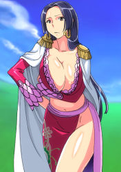 Rule 34 | 1girl, amazon lily, amazon warrior, bare legs, black eyes, blue hair, boa hancock, breast hold, breasts, cape, cleavage, closed mouth, cloud, earrings, female focus, field, grass, hime cut, ichijiku, jewelry, large breasts, legs, long hair, long sleeves, looking at viewer, midriff, navel, one piece, outdoors, sarong, sky, snake earrings, solo, standing, thighs