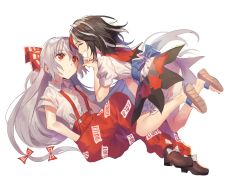 Rule 34 | 2girls, :d, ^ ^, bad id, bad pixiv id, black hair, bloomers, blue sash, bow, brown footwear, closed eyes, commentary request, dress, facing another, fang, flip-flops, fujiwara no mokou, full body, hair between eyes, hair bow, hands in pockets, highres, horns, kijin seija, knees up, korean commentary, long hair, looking at another, misha (hoongju), multicolored hair, multiple girls, ofuda, open mouth, pants, puffy short sleeves, puffy sleeves, red bow, red eyes, red hair, red pants, red sailor collar, sailor collar, sandals, sash, shirt, shoes, short hair, short sleeves, simple background, smile, streaked hair, suspenders, touhou, underwear, very long hair, white background, white bloomers, white bow, white dress, white hair, white shirt, wing collar
