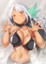 Rule 34 | 1girl, against fourth wall, against glass, armlet, azur lane, bare shoulders, bikini, bikini top only, black bikini, blush, body writing, breasts, choker, cleavage, colored eyelashes, dark skin, dark-skinned female, fingernails, hair ornament, hands up, large breasts, leaning forward, long hair, looking at viewer, massachusetts (azur lane), midriff, native american, navel, outstretched hand, parted lips, pokachu, red eyes, silver hair, solo, steam, sweat, swimsuit, very long hair, wet