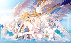 Rule 34 | 1girl, absurdres, angel, angel wings, angewomon, animal hands, ass, asymmetrical clothes, bare shoulders, belt, blonde hair, blue eyes, blue sky, blush, boots, breasts, cat, cleavage, cloud, commentary, day, diffraction spikes, digimoji, digimon, digimon (creature), digimon adventure, elbow gloves, feathered wings, feathers, from behind, full body, gloves, hair between eyes, hat, head tilt, head wings, helmet, high heels, highres, holy ring, huge filesize, kabocya, knee boots, knees up, large breasts, light particles, long hair, looking at viewer, multiple wings, parted lips, paw gloves, ribbon, sidelocks, signature, single elbow glove, single knee boot, sitting, sitting on liquid, sky, solo focus, standing, standing on liquid, tailmon, thigh strap, unworn headwear, unworn helmet, water, whiskers, white footwear, white gloves, wings, wizard hat, wrist wings, zipper