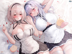 Rule 34 | 2girls, :o, anchor choker, apron, azur lane, black dress, blush, breasts, center frills, cleavage, clothing cutout, collar, dido (azur lane), dress, embarrassed, framed breasts, frilled apron, frilled dress, frills, from above, highres, huge breasts, large breasts, looking at viewer, looking up, lying, manjuu (azur lane), metal collar, multiple girls, non-web source, official art, on back, petals, puffy short sleeves, puffy sleeves, purple eyes, red eyes, short sleeves, sirius (azur lane), sleeveless, sora 72-iro, thighhighs, underboob, underboob cutout, white apron, white dress, white hair, white thighhighs, zettai ryouiki, zzz