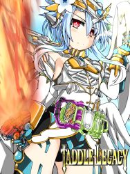 Rule 34 | 1girl, armor, bad id, bad pixiv id, blanc (neptunia), blue hair, commentary request, cosplay, elbow gloves, female focus, fire, flower, four goddesses online: cyber dimension neptune, gloves, hair flower, hair ornament, headgear, highres, kamen rider, kamen rider brave, kamen rider brave (cosplay), kamen rider ex-aid (series), kmhwilfres, looking at viewer, neptune (series), parody, red eyes, rider-tan, rider belt, rider gashat, short hair with long locks, sidelocks, solo, sword, taddle legacy level 100, v-shaped eyebrows, weapon, white heart (neptune)
