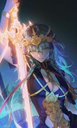 Rule 34 | 1girl, alzi xiaomi, blue hair, braid, breasts, byleth (female) (fire emblem), byleth (fire emblem), chinese commentary, circlet, cleavage, cleavage cutout, clothing cutout, enlightened byleth (female), fire emblem, fire emblem: three houses, glowing, glowing sword, glowing weapon, green eyes, hair between eyes, hand up, highres, holding, holding sword, holding weapon, large breasts, light blue hair, long hair, nintendo, parted lips, pointy nose, signature, solo, sword, sword of the creator, upper body, weapon