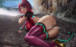 Rule 34 | 1girl, armor, ass, beach, black gloves, black panties, blue sky, boots, breasts, circlet, closed mouth, fingerless gloves, gauntlets, gloves, large breasts, lexaiduer, lips, lying, nail polish, on side, outdoors, palm tree, panties, pyra (xenoblade), red eyes, red footwear, red hair, red lips, sakimichan (style), sand, short hair, short sleeves, signature, sky, smile, solo, swept bangs, thigh boots, thighhighs, tree, underwear, water, watermark, waves, web address, xenoblade chronicles (series), xenoblade chronicles 2, zettai ryouiki