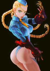 Rule 34 | 1girl, ass, blonde hair, braid, breasts, cammy white, etama quomo, fingerless gloves, from behind, gloves, green eyes, hat, large breasts, leotard, long hair, long sleeves, street fighter, street fighter zero (series), thong, thong leotard