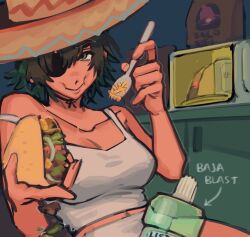 Rule 34 | 1girl, breasts, camisole, chainsaw man, collarbone, eyepatch, green eyes, hat, himeno (chainsaw man), holding, holding spork, large breasts, liowig, listerine, looking at viewer, off shoulder, short hair, smile, solo, sombrero, spork, taco, taco bell, white camisole, white hair