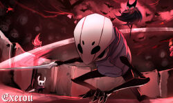 Rule 34 | 3others, black skin, bug, cloak, colored skin, commentary request, fighting, fighting stance, grimm (hollow knight), grimmkin master (hollow knight), grimmkin nightmare (hollow knight), highres, holding, holding sword, holding weapon, hollow eyes, hollow knight, knight (hollow knight), mask, multiple others, nail (hollow knight), no humans, outdoors, quirrel, signature, sword, top-exerou, weapon