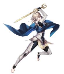 Rule 34 | 1boy, armor, attack, barefoot, black gloves, blue cape, cape, collar, corrin (fire emblem), corrin (male) (fire emblem), fire emblem, fire emblem fates, fire emblem heroes, full body, gloves, highres, holding, holding sword, holding weapon, katana, maiponpon, male focus, nintendo, official art, open mouth, pointy ears, red eyes, serious, silver hair, solo, spiked hair, sword, teeth, toeless legwear, toes, transparent background, weapon, yato (fire emblem)