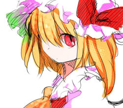 Rule 34 | 1girl, bad id, bad pixiv id, blonde hair, blouse, embodiment of scarlet devil, female focus, flandre scarlet, from side, hair between eyes, hair over one eye, hat, marisu, mob cap, red eyes, shirt, solo, touhou, vampire, white background, white hat, white shirt
