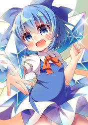 Rule 34 | 1girl, :d, absurdres, blue bow, blue dress, blue eyes, blue hair, blush, bow, cirno, detached wings, dress, female focus, hair bow, highres, ice, open mouth, short hair, smile, solo, touhou, wings, yuyumaru (yuyuyuyuyuyu030)