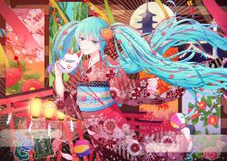Rule 34 | aqua eyes, aqua hair, architecture, autumn leaves, azaka (pipponao), ball, bamboo, bamboo forest, braid, camellia, camellia print, commentary, east asian architecture, feet out of frame, floral print, flower, forest, fox mask, full moon, hair flower, hair ornament, hand up, hatsune miku, holding, holding mask, japanese clothes, kimono, lantern, leaf, leg up, long hair, looking at viewer, mask, moon, nature, obi, peony (flower), peony print, petals, plaque, red kimono, rope, sash, shide, shimenawa, silhouette, smile, spider lily print, temple, torii, twintails, very long hair, vocaloid, whorled clouds