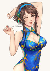 Rule 34 | 1girl, ;), arm up, bare shoulders, blue dress, blue hairband, breasts, brown eyes, brown hair, chai xianghua, china dress, chinese clothes, cleavage, cleavage cutout, clothing cutout, commentary, commission, covered navel, dress, english commentary, hairband, lips, looking at viewer, medium breasts, moon mirage, one eye closed, parted lips, side slit, sidelocks, sleeveless, sleeveless dress, smile, solo, soul calibur, soulcalibur, soulcalibur vi, upper body