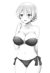 Rule 34 | 1girl, arm behind back, bikini, blush, breasts, darjeeling (girls und panzer), girls und panzer, hair bun, highres, large breasts, legs, monochrome, navel, o-ring, o-ring bikini, open mouth, smile, solo, strapless, strapless bikini, sweat, swimsuit, thighs