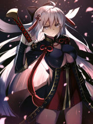 Rule 34 | 1girl, absurdres, ahoge, akami fumio, arm guards, arm up, black background, black bow, black coat, bow, breasts, cherry blossoms, cleavage, cleavage cutout, closed mouth, clothing cutout, coat, cowboy shot, dark-skinned female, dark skin, dress, fate (series), floating hair, grey eyes, hair between eyes, hair bow, hair ornament, half updo, high collar, highres, holding, holding sword, holding weapon, koha-ace, large breasts, legs apart, long hair, long sleeves, looking at viewer, motion blur, okita souji (fate), okita souji alter (fate), petals, red dress, scabbard, serious, sheath, short dress, sidelocks, silver hair, solo, standing, straight hair, sword, tassel, unsheathing, very long hair, weapon