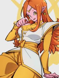 Rule 34 | 1girl, arm at side, arm support, breasts, chronoa, colored skin, cowboy shot, diadem, dragon ball, dragon ball heroes, dragon ball xenoverse, earrings, eyelashes, fingernails, gold diadem, grey background, hand up, happy, jewelry, kemachiku, large breasts, long hair, looking at viewer, obi, open mouth, orange hair, pants, pink skin, potara earrings, sash, shoulder pads, simple background, smile, solo, spiked hair, supreme kai of time, teeth, upper teeth only, yellow eyes, yellow pants, yellow sash