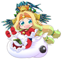 Rule 34 | 1girl, :d, beads, bell, blonde hair, blush, boots, capelet, chibi, christmas, christmas lights, earrings, fate/grand order, fate (series), feathers, full body, fur trim, gradient hair, green eyes, green hair, hair beads, hair intakes, hair ornament, headband, headdress, holding, holding sack, jewelry, legs apart, legs up, long hair, low-tied long hair, multicolored hair, open mouth, pantyhose, quetzalcoatl (fate), red capelet, red footwear, red skirt, sack, santa boots, santa costume, simple background, skirt, smile, solo, tsukko (3ki2ne10), twitter username, two-tone hair, very long hair, white background, white pantyhose