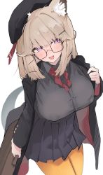 Rule 34 | 1girl, animal ear fluff, animal ears, arknights, bad id, bad pixiv id, bag, black hat, black jacket, black skirt, blush, breasts, brown hair, closed mouth, commentary, glasses, grey shirt, hat, high-waist skirt, highres, holding, holding bag, jacket, large breasts, long sleeves, looking at viewer, mikozin, neck ribbon, official alternate costume, open clothes, open jacket, open mouth, pantyhose, pleated skirt, purple eyes, red ribbon, ribbon, school uniform, shirt, short hair, simple background, skirt, smile, solo, tail, tilted headwear, utage (arknights), utage (disguise) (arknights), white background, yellow pantyhose