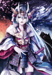 Rule 34 | 1girl, armor, cape, chain chronicle, cloud, cloudy sky, fangs, fur-trimmed cape, fur trim, hair between eyes, helmet, holding, holding sword, holding weapon, horns, horns through headwear, japanese armor, japanese clothes, kimono, long hair, long sleeves, looking at viewer, mask, moon, oni horns, oni mask, open mouth, original, petals, purple eyes, sky, solo, sword, teeth, thighhighs, very long hair, walking, weapon, white hair, wide sleeves, yuuichi (4561643)