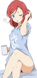 Rule 34 | 10s, 1girl, adjusting hair, bare legs, breasts, clothes writing, cup, covered erect nipples, ruffling hair, hand in own hair, crossed legs, looking at viewer, love live!, love live! school idol project, medium breasts, mug, nishikino maki, one eye closed, open mouth, purple eyes, red hair, shirt, short hair, sitting, solo, t-shirt, thighs, umanosuke, white background, wink