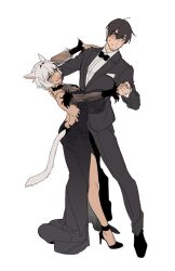 Rule 34 | 1boy, 1girl, adventurer (ff14), animal ears, backless dress, backless outfit, bare shoulders, black bow, black bowtie, black dress, black footwear, black hair, black jacket, black pants, black suit, blue eyes, blush, bow, bowtie, breasts, cat ears, cat girl, cat tail, collared shirt, dancing, detached sleeves, dress, dress shoes, final fantasy, final fantasy xiv, formal, hair between eyes, high heels, highres, holding hands, hyur, jacket, long dress, long sleeves, medium breasts, miqo&#039;te, nokhong y, pants, see-through, see-through sleeves, shirt, short hair, side slit, sidelocks, suit, suit jacket, sweatdrop, tail, warrior of light (ff14), white background, white hair, white shirt, y&#039;shtola rhul