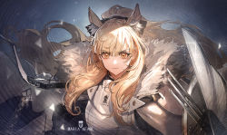 Rule 34 | 1girl, angry, animal ear fluff, animal ears, arknights, armor, blemishine (arknights), blonde hair, blue background, breastplate, capelet, character name, cloak, closed mouth, fur-trimmed armor, fur trim, kingdom of kazimierz logo, long hair, ryuuzaki ichi, solo, upper body, yellow eyes