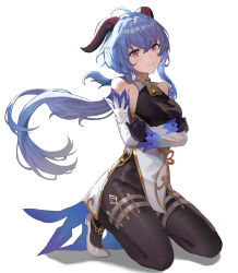 Rule 34 | 1girl, ahoge, bare shoulders, bell, black gloves, blue hair, bodystocking, breasts, cowbell, crossed arms, detached collar, detached sleeves, floating hair, ganyu (genshin impact), genshin impact, gloves, goat horns, gold trim, highres, horns, kneeling, long hair, long sleeves, looking at viewer, low ponytail, medium breasts, parted lips, pelvic curtain, red eyes, shoes, simple background, sl86, smile, solo, tailcoat, very long hair, white background, white footwear