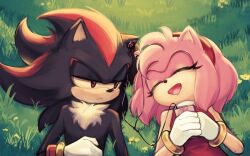 Rule 34 | 1boy, 1girl, amy rose, animal ears, animal nose, bare shoulders, black fur, body fur, bracelet, bz shawn, cellphone, closed eyes, closed mouth, dress, earphones, eyelashes, flower, furry, furry female, furry male, gloves, gold bracelet, grass, hairband, half-closed eyes, hand on own stomach, hands up, hedgehog, hedgehog ears, hedgehog girl, highres, holding, holding phone, jewelry, looking at another, lying, on back, open mouth, outdoors, phone, pink fur, red dress, red eyes, red fur, red hairband, shadow the hedgehog, sleeveless, sleeveless dress, smartphone, smile, sonic (series), tongue, turtleneck, turtleneck dress, two-tone fur, white gloves, yellow flower