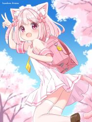 Rule 34 | 1girl, animal ear fluff, animal ears, arm up, artist name, backpack, bag, brown footwear, cat ears, cat girl, cat tail, cherry blossoms, crime prevention buzzer, dress, flower, from behind, hair flower, hair ornament, hairclip, hazakura hinata, highres, leg up, looking back, maid headdress, open mouth, original, outdoors, pink dress, pink eyes, pink hair, pleated dress, randoseru, school uniform, shoes, short hair, short sleeves, smile, solo, standing, standing on one leg, tail, thighhighs, thighs, tree, v, white thighhighs