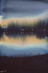 Rule 34 | 2others, building, dawn, highres, light, morning, mouen tw, multiple others, night, night sky, original, outdoors, painting (medium), pond, reflection, reflective water, sky, traditional media, water, watercolor (medium)